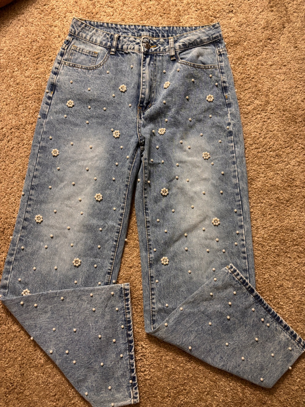 Light Blue Straight-Leg Jeans with Pearl & Floral Embellishments